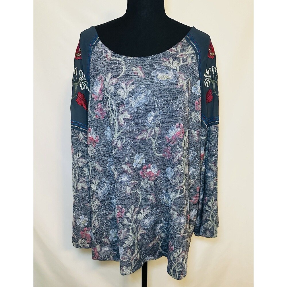Hannah Woman Boho Floral Sheer Embroidered Long Sleeve Blue Top 2X